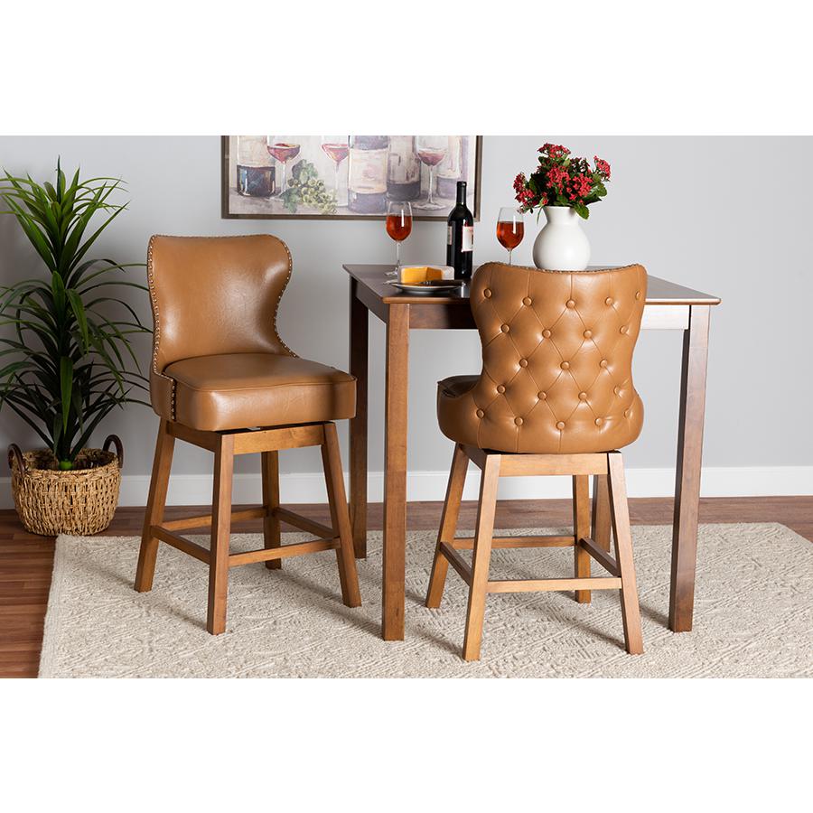 Leather and Walnut Brown Finished Wood 2-Piece Swivel Counter Stool Set. Picture 8