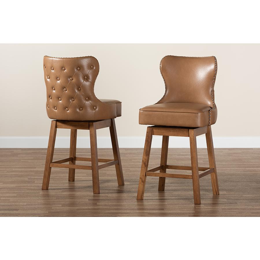 Leather and Walnut Brown Finished Wood 2-Piece Swivel Counter Stool Set. Picture 9