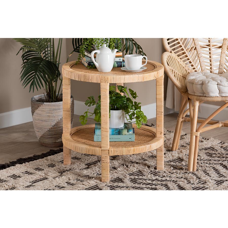 Bohemian Natural Brown Mahogany Wood and Natural Rattan 2-Tier End Table. Picture 6