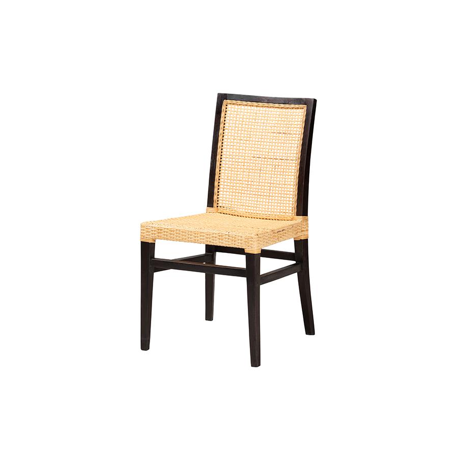 Bohemian Dark Brown Mahogany Wood and Natural Rattan Dining Chair. Picture 1