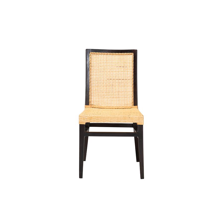Bohemian Dark Brown Mahogany Wood and Natural Rattan Dining Chair. Picture 2