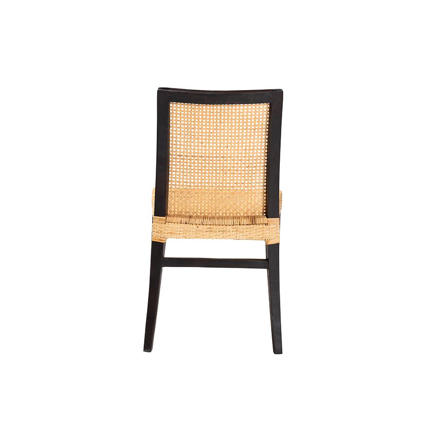 Bohemian Dark Brown Mahogany Wood and Natural Rattan Dining Chair. Picture 4