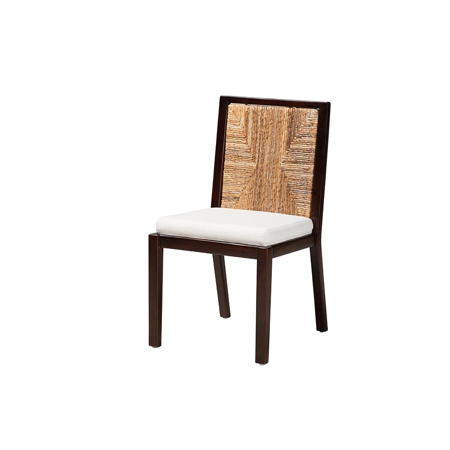 Bohemian Dark Brown Mahogany Wood and Natural Seagrass Dining Side Chair. Picture 1