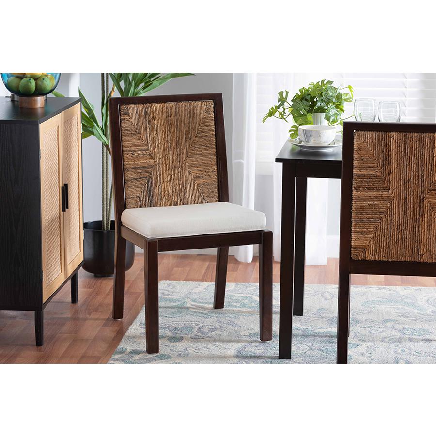 Bohemian Dark Brown Mahogany Wood and Natural Seagrass Dining Side Chair. Picture 8