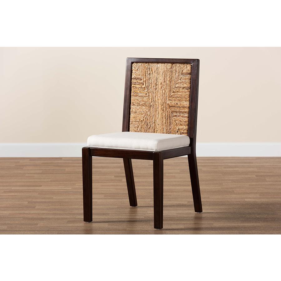 Bohemian Dark Brown Mahogany Wood and Natural Seagrass Dining Side Chair. Picture 9