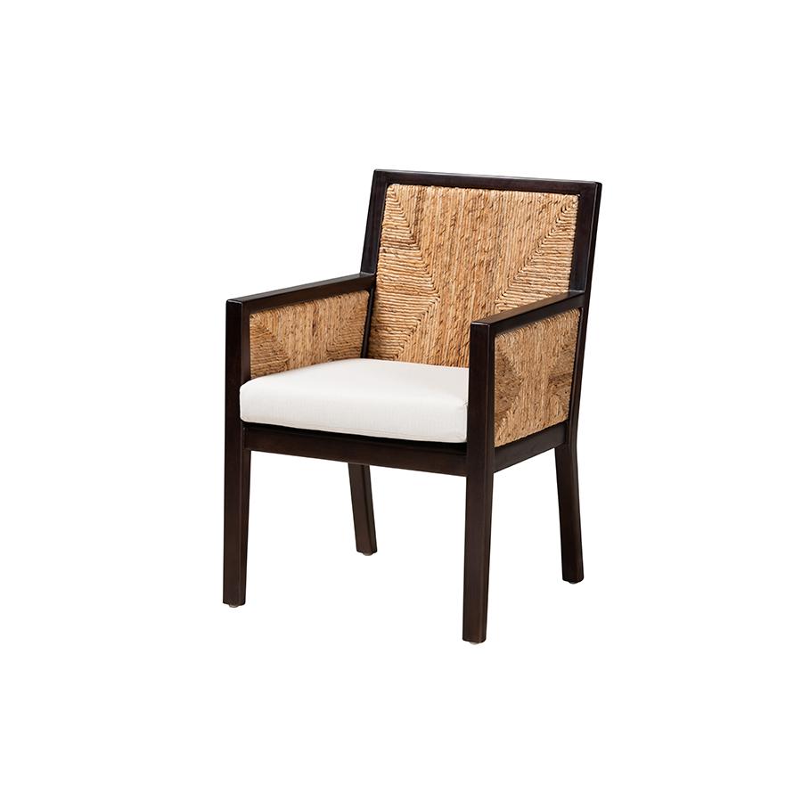 Bohemian Dark Brown Mahogany Wood and Natural Seagrass Dining Arm Chair. Picture 1