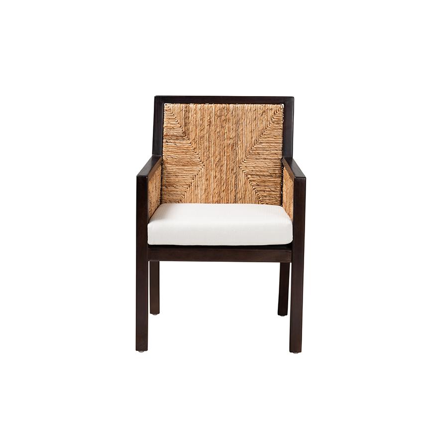 Bohemian Dark Brown Mahogany Wood and Natural Seagrass Dining Arm Chair. Picture 2