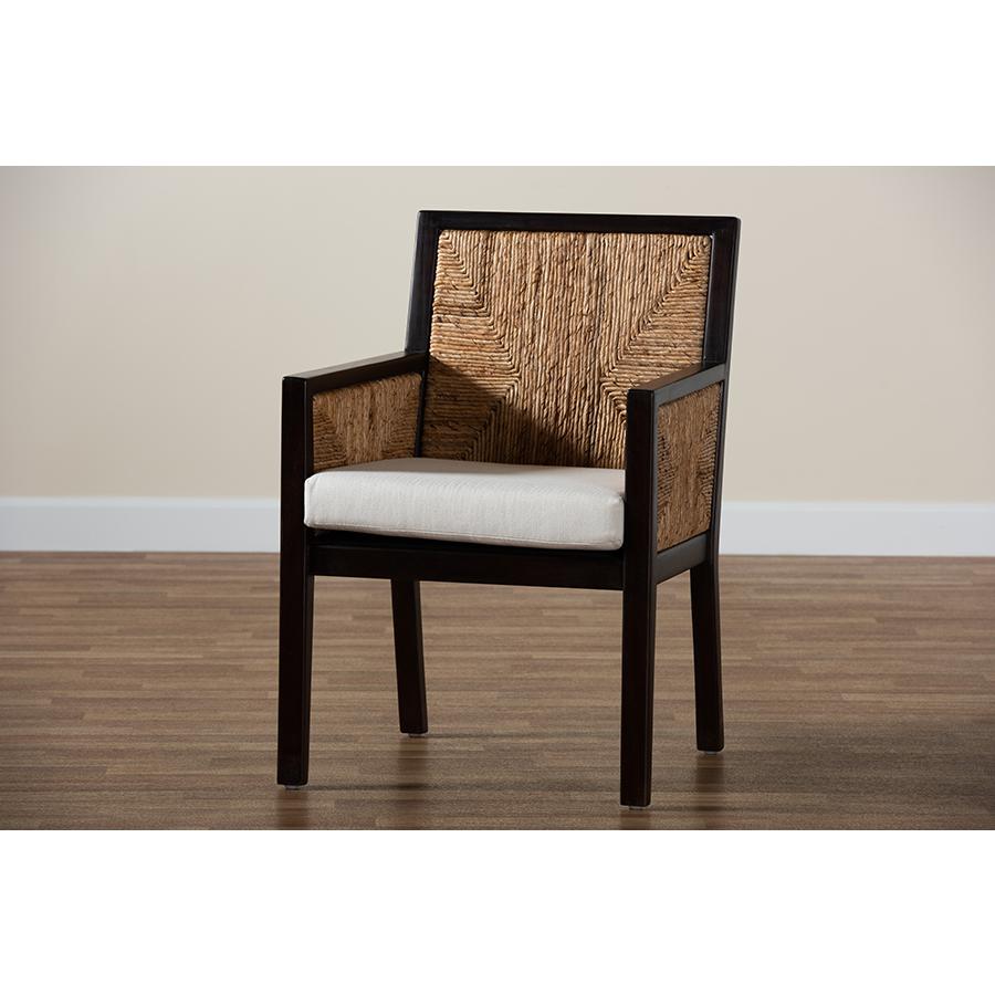 Bohemian Dark Brown Mahogany Wood and Natural Seagrass Dining Arm Chair. Picture 9