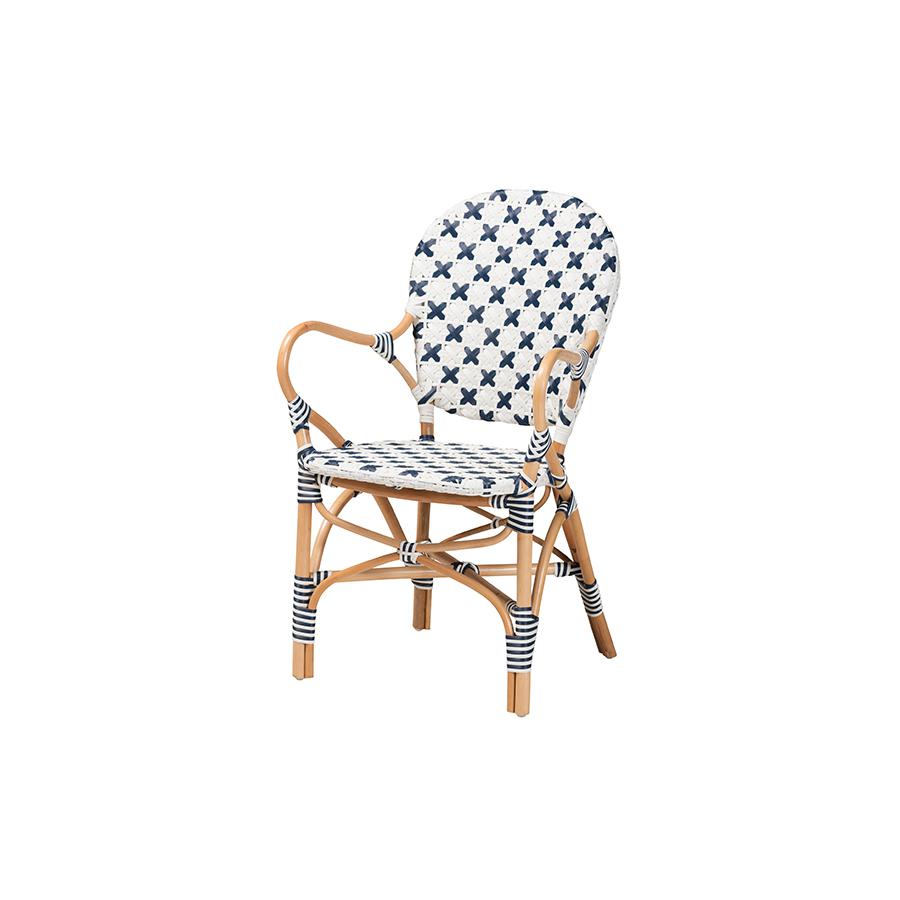 French Blue and White Weaving and Natural Rattan Bistro Chair. Picture 1