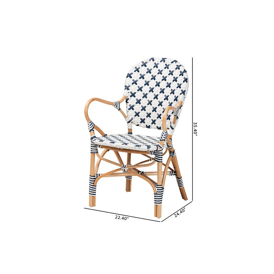 French Blue and White Weaving and Natural Rattan Bistro Chair. Picture 10