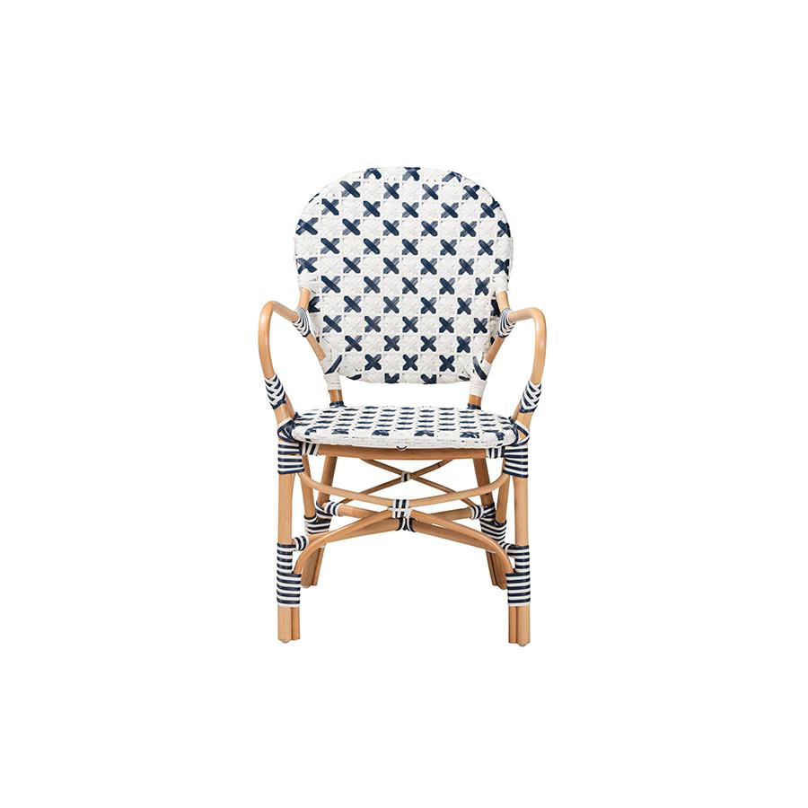 French Blue and White Weaving and Natural Rattan Bistro Chair. Picture 2
