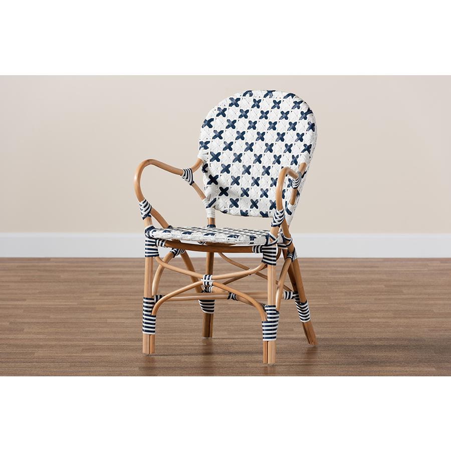 French Blue and White Weaving and Natural Rattan Bistro Chair. Picture 9