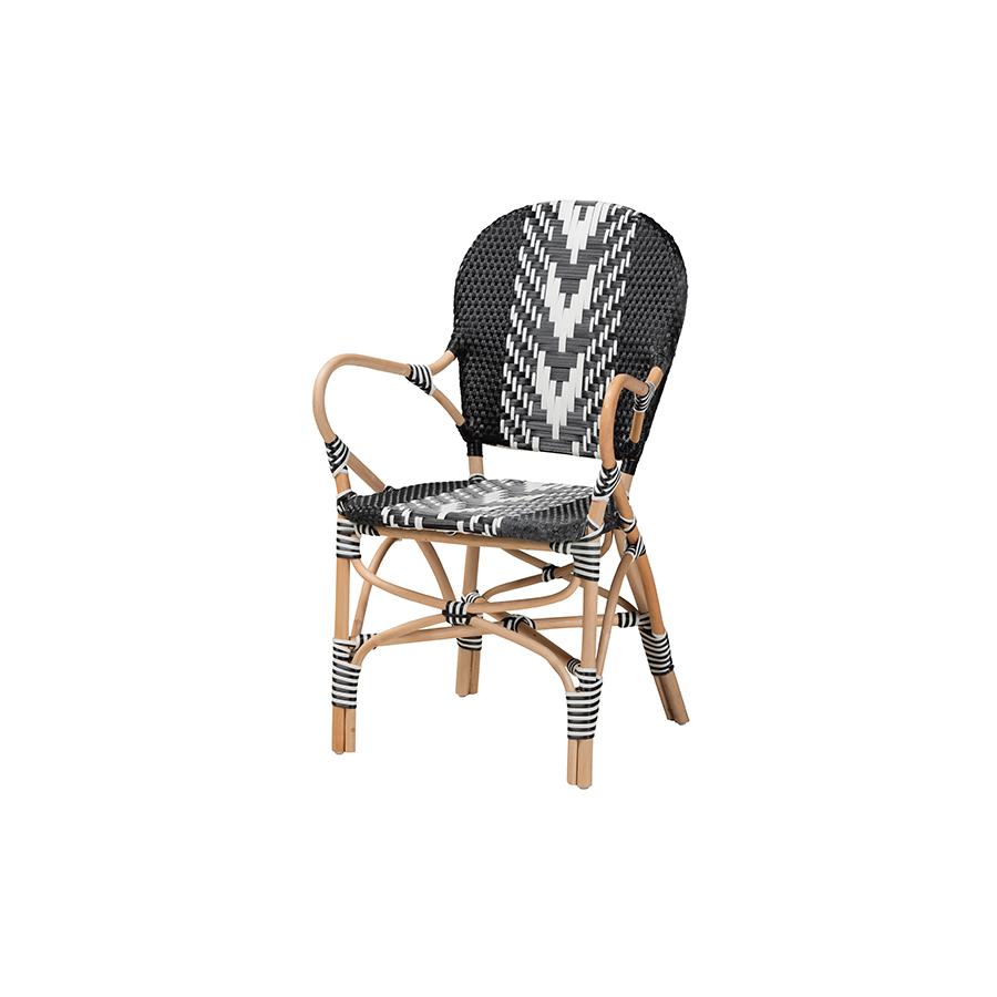 Baxton Studio Wallis Modern French Two-Tone Black and White Weaving and Natural Rattan Indoor Dining Chair. The main picture.