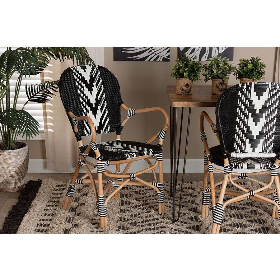 Baxton Studio Wallis Modern French Two-Tone Black and White Weaving and Natural Rattan Indoor Dining Chair. Picture 9