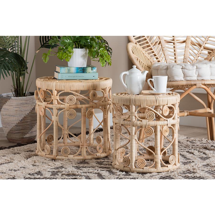 Bohemian Natural Brown Rattan 2-Piece Nesting End Table Set. Picture 6