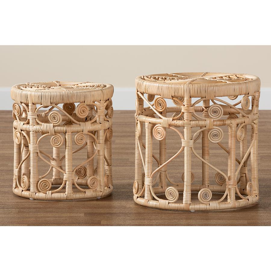 Bohemian Natural Brown Rattan 2-Piece Nesting End Table Set. Picture 7