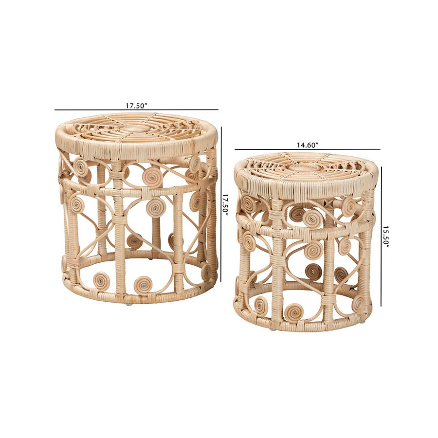 Bohemian Natural Brown Rattan 2-Piece Nesting End Table Set. Picture 8