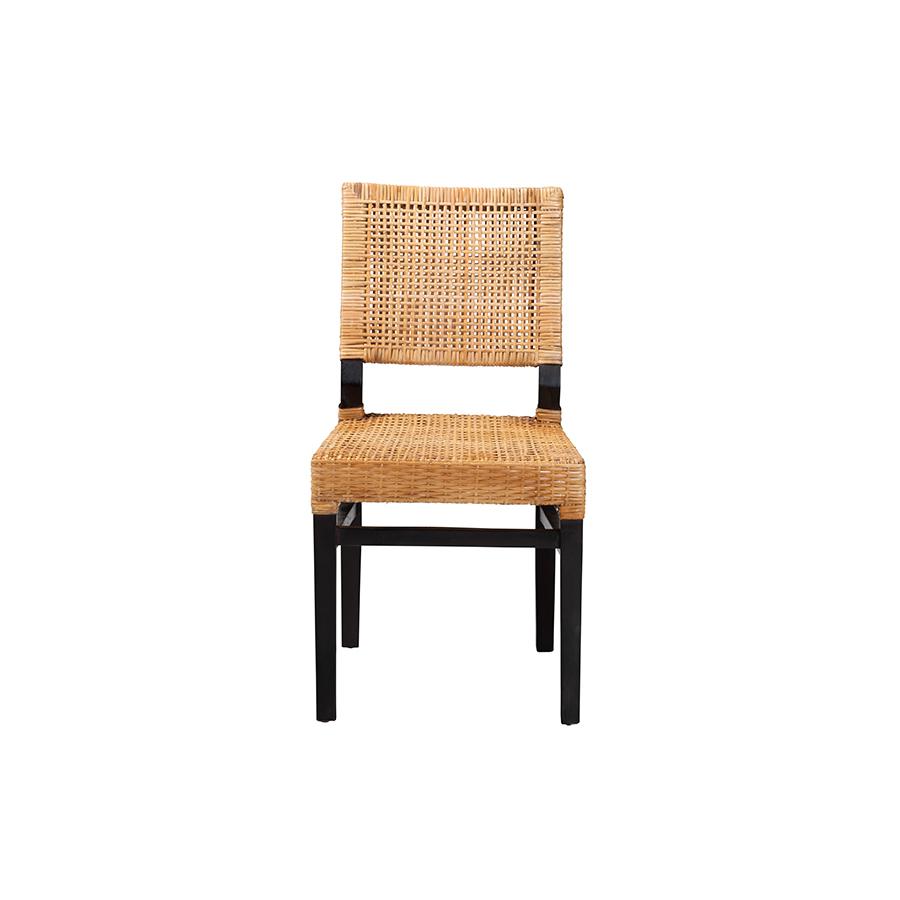 Baxton Studio Lesia Modern Bohemian Natural Brown Rattan and Espresso Brown Mahogany Wood Dining Chair. Picture 3