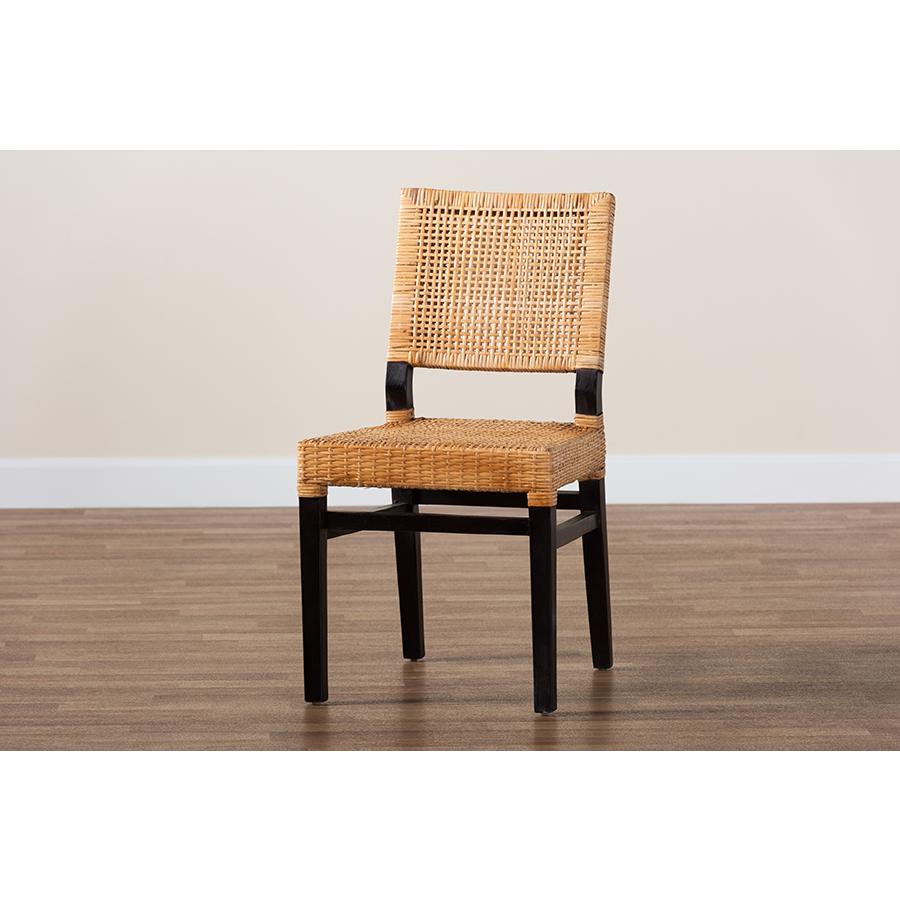 Baxton Studio Lesia Modern Bohemian Natural Brown Rattan and Espresso Brown Mahogany Wood Dining Chair. Picture 10
