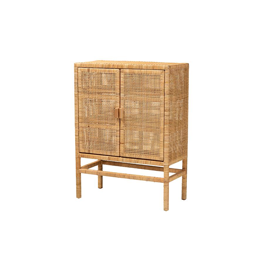 Bohemian Natural Brown Rattan and Mahogany Wood 3-Shelf Storage Cabinet. Picture 1