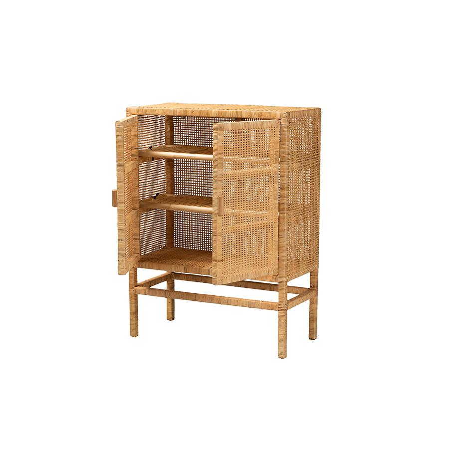 Bohemian Natural Brown Rattan and Mahogany Wood 3-Shelf Storage Cabinet. Picture 2