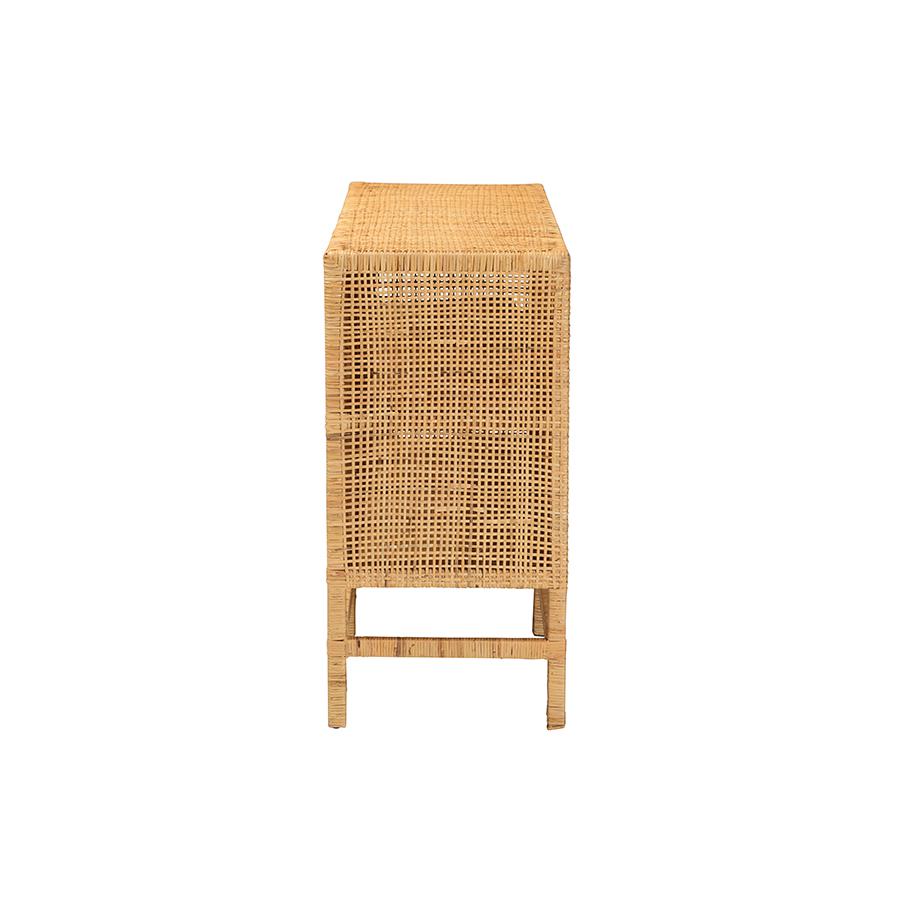 Bohemian Natural Brown Rattan and Mahogany Wood Storage Cabinet. Picture 4