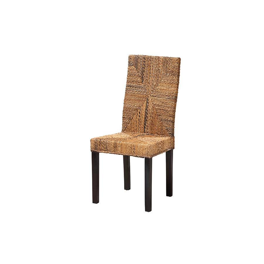 Bohemian Dark Brown Mahogany Wood and Seagrass Dining Chair. Picture 1