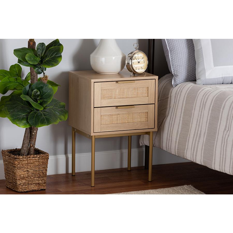 Dewitt Japandi Light Brown Finished Wood and Gold Metal 2-Drawer End Table. Picture 8