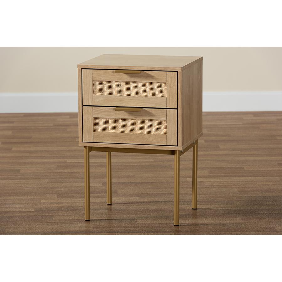 Dewitt Japandi Light Brown Finished Wood and Gold Metal 2-Drawer End Table. Picture 9
