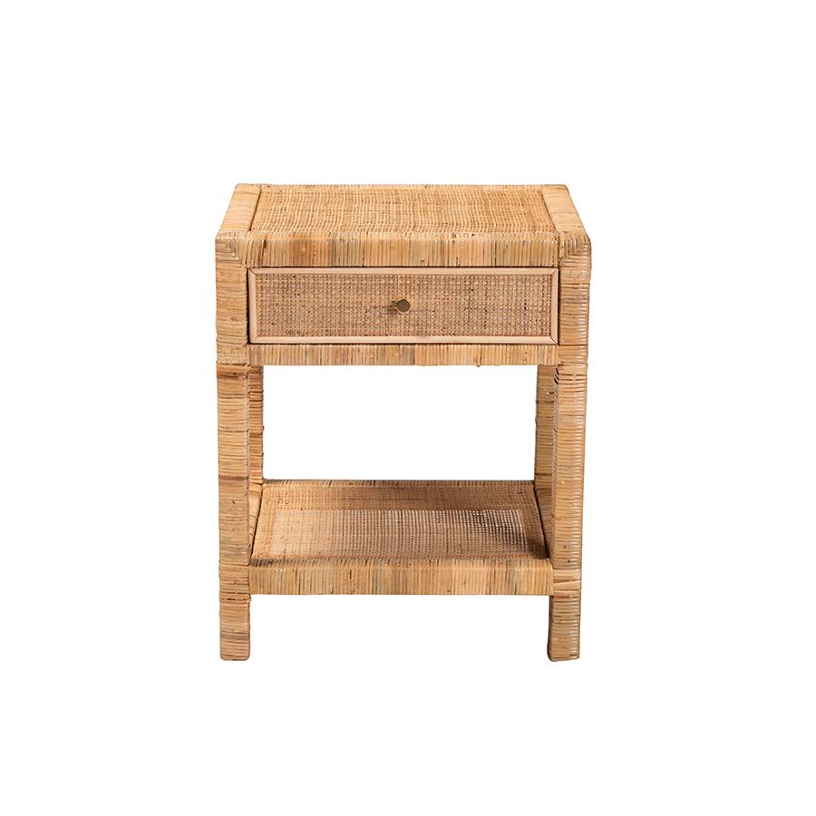 Bohemian Natural Rattan and Mahogany Wood 1-Drawer Nightstand. Picture 3