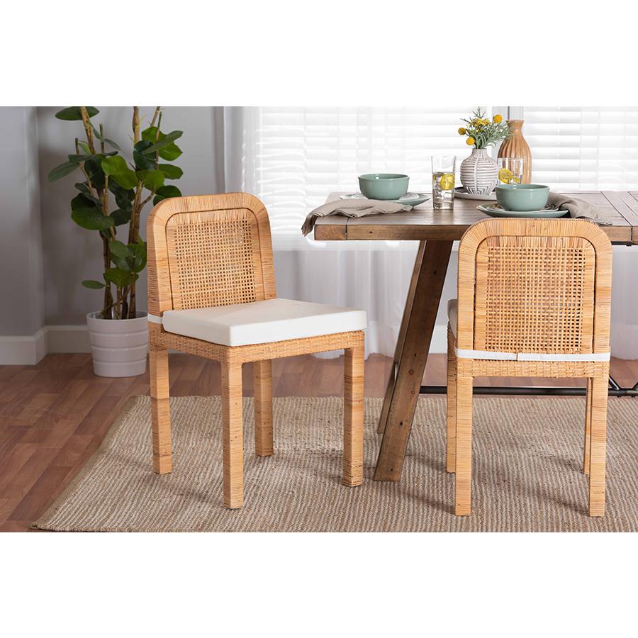 Bohemian Natural Brown Rattan and Mahogany Wood 2-Piece Dining Chair Set. Picture 7
