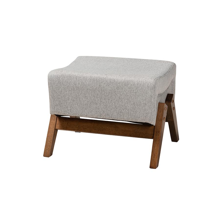 Light Grey Fabric and Walnut Brown Finished Wood Ottoman. Picture 1
