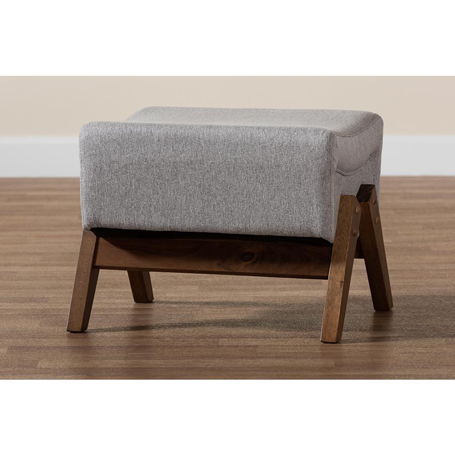Light Grey Fabric and Walnut Brown Finished Wood Ottoman. Picture 7