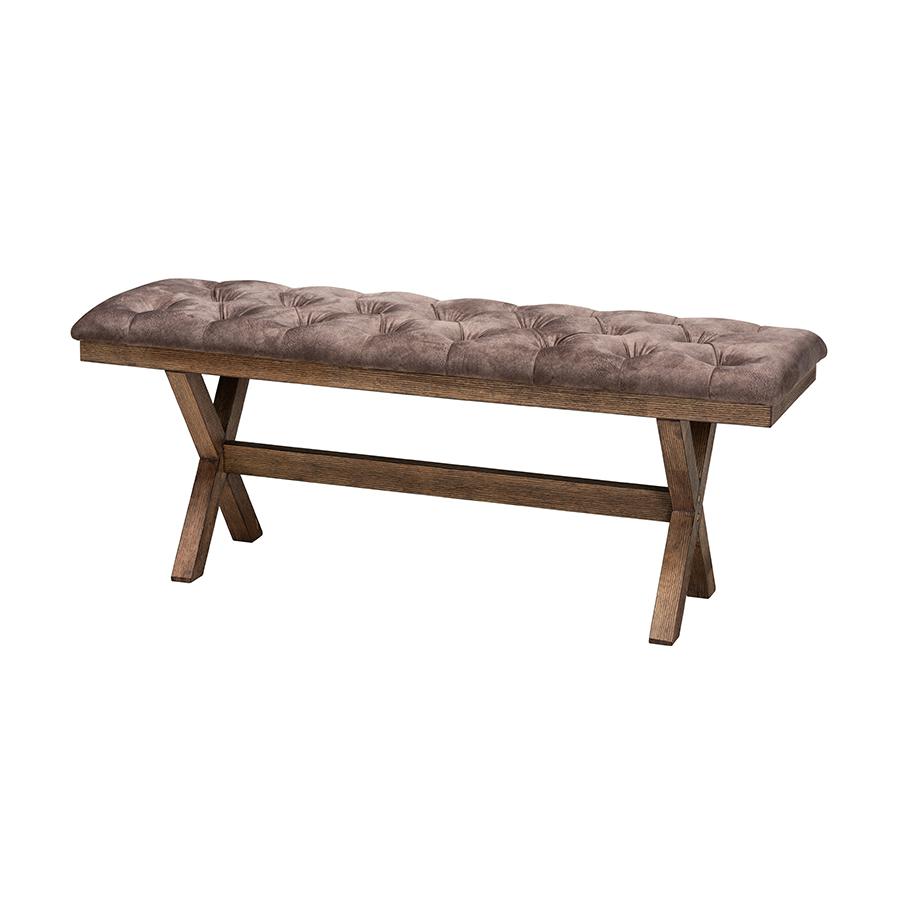 Farmhouse Chocolate Velvet Fabric and Rustic Brown Finished Wood Bench. Picture 1