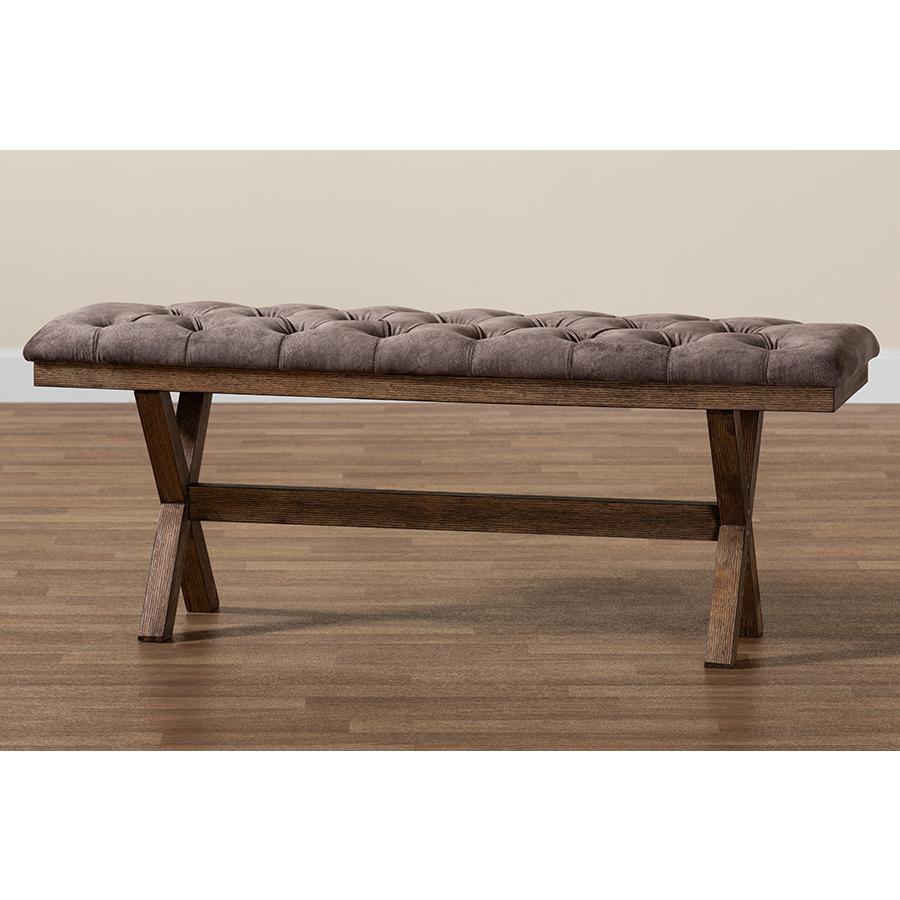 Farmhouse Chocolate Velvet Fabric and Rustic Brown Finished Wood Bench. Picture 7