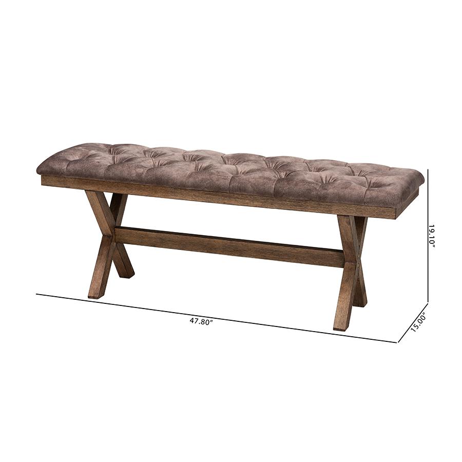 Farmhouse Chocolate Velvet Fabric and Rustic Brown Finished Wood Bench. Picture 8