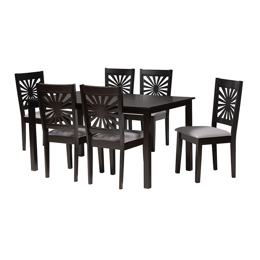 Olympia Modern Grey Fabric and Espresso Brown Finished Wood 7-Piece Dining Set. Picture 1