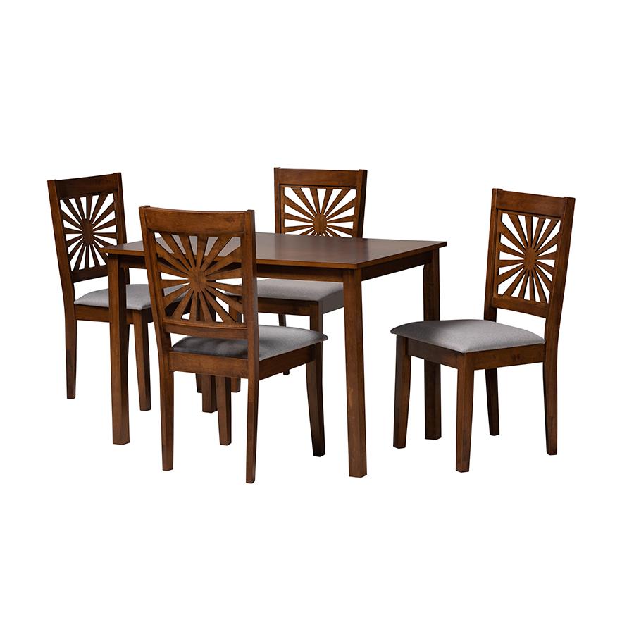 Olympia Modern Grey Fabric and Walnut Brown Finished Wood 5-Piece Dining Set. Picture 1