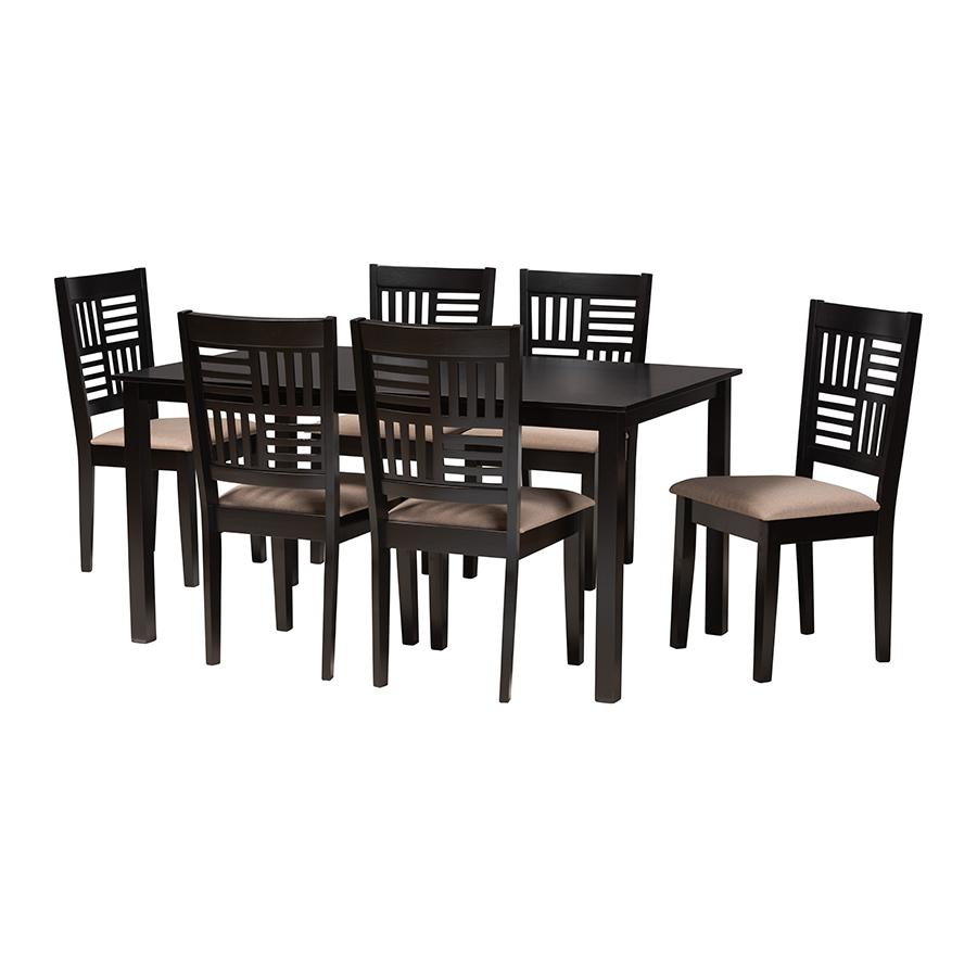 Deanna Modern Beige Fabric and Dark Brown Finished Wood 7-Piece Dining Set. Picture 1