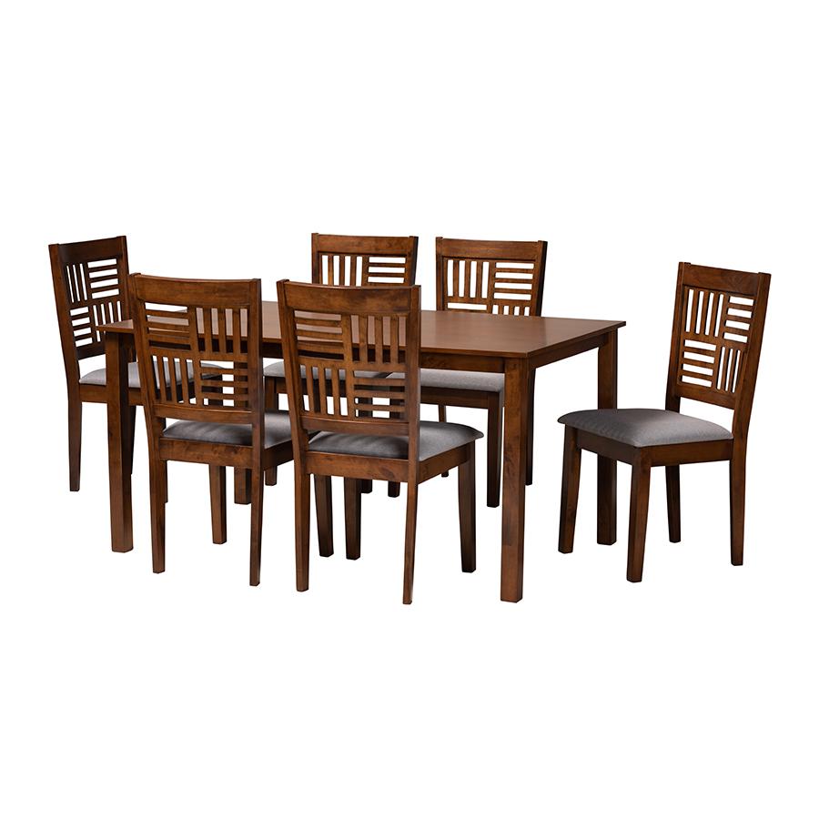 Deanna Modern Grey Fabric and Walnut Brown Finished Wood 7-Piece Dining Set. Picture 1