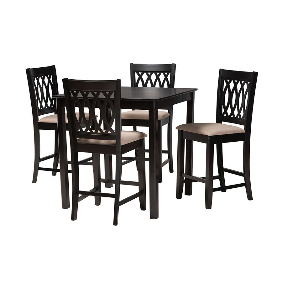 Florencia Modern Beige Fabric and Espresso Brown Finished Wood 5-Piece Pub Set. Picture 1