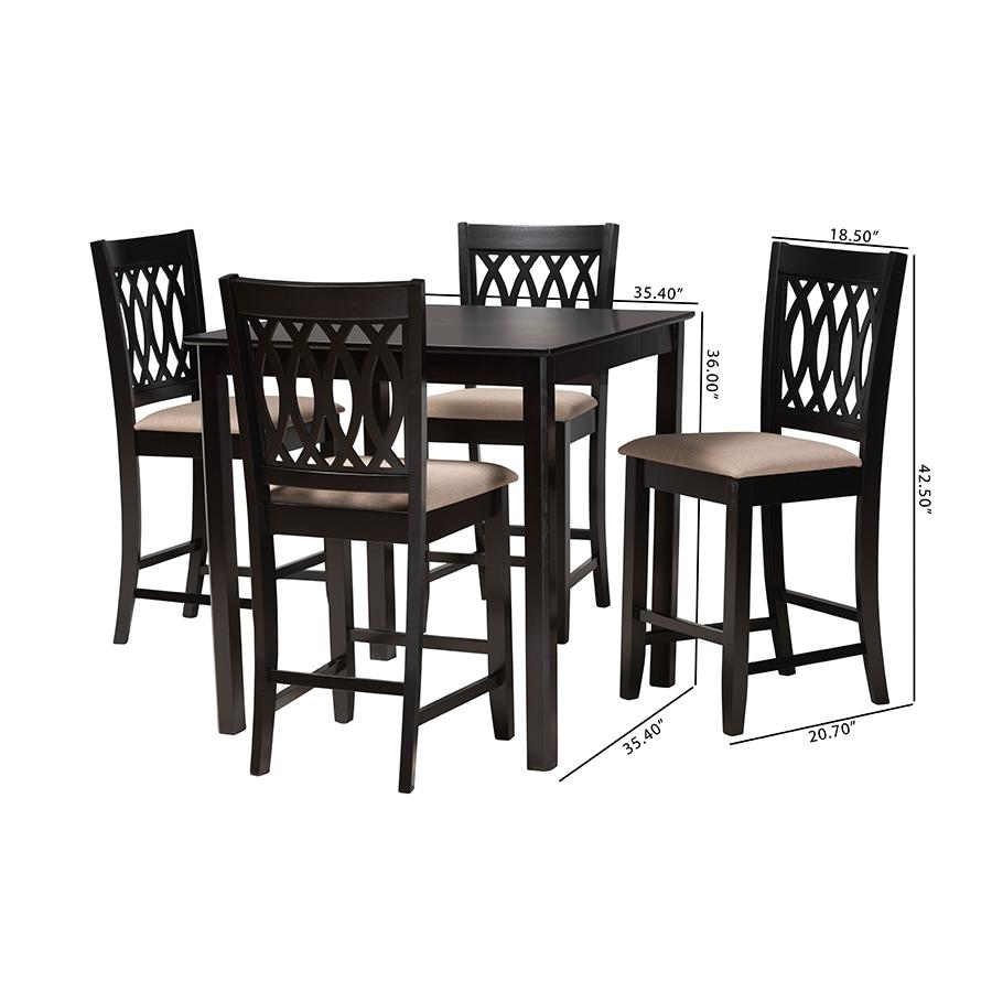 Florencia Modern Beige Fabric and Espresso Brown Finished Wood 5-Piece Pub Set. Picture 10