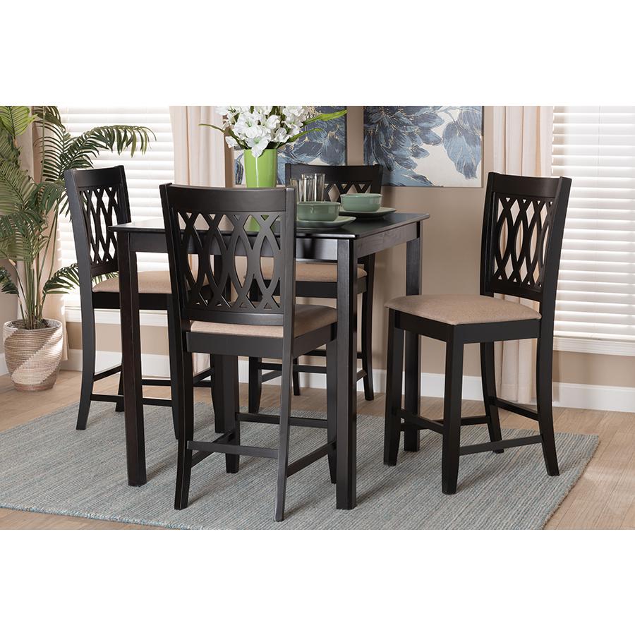 Florencia Modern Beige Fabric and Espresso Brown Finished Wood 5-Piece Pub Set. Picture 8