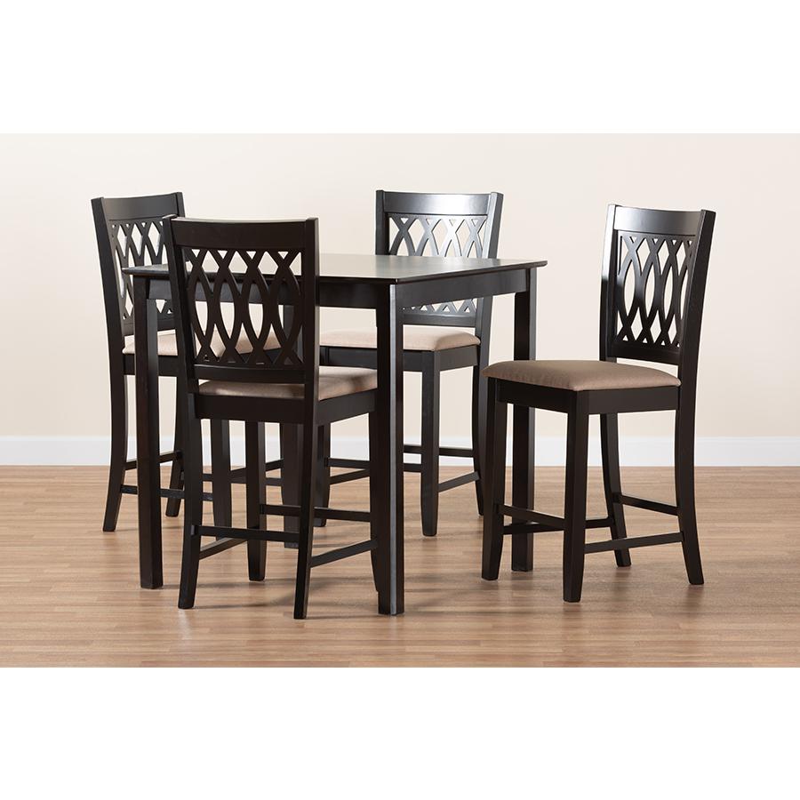 Florencia Modern Beige Fabric and Espresso Brown Finished Wood 5-Piece Pub Set. Picture 9