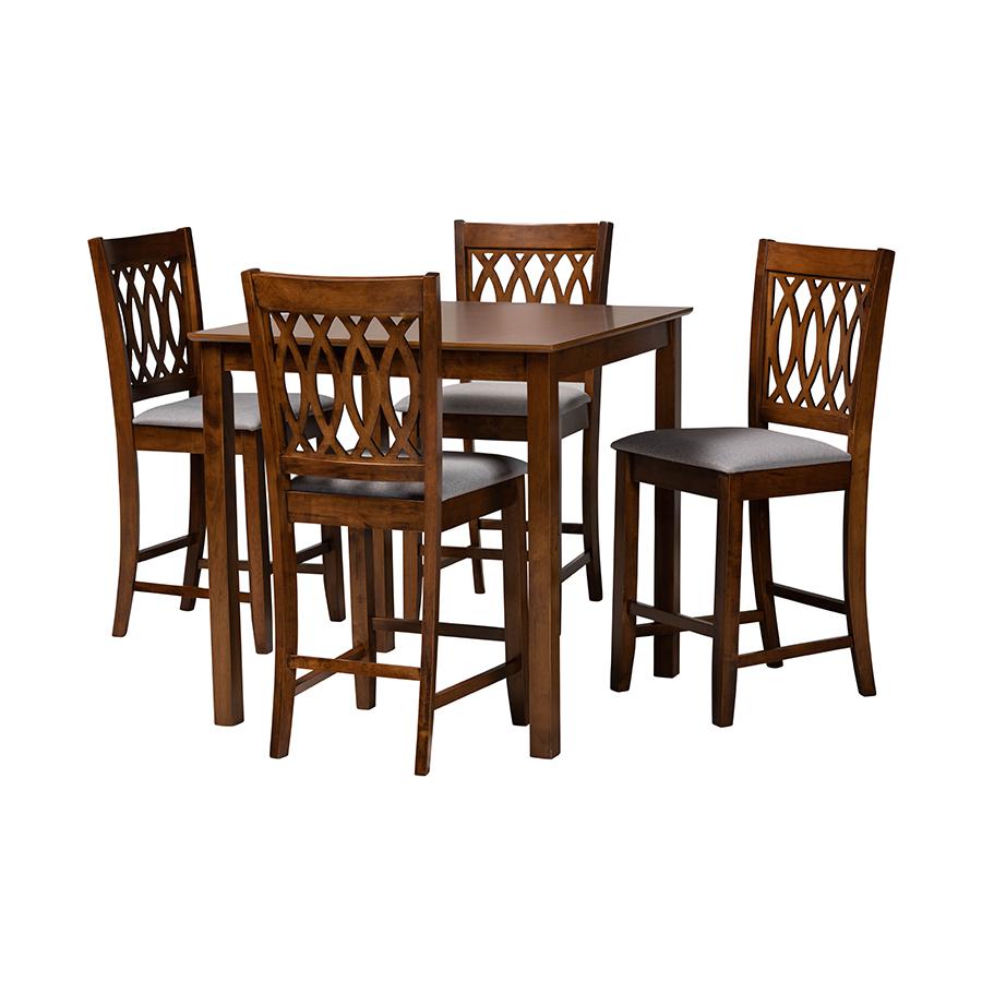Florencia Modern Grey Fabric and Walnut Brown Finished Wood 5-Piece Pub Set. Picture 1