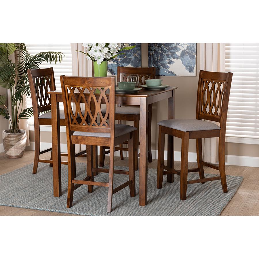Florencia Modern Grey Fabric and Walnut Brown Finished Wood 5-Piece Pub Set. Picture 8