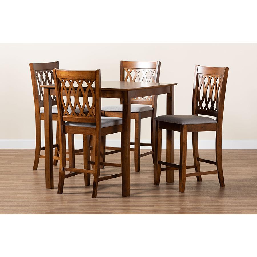 Florencia Modern Grey Fabric and Walnut Brown Finished Wood 5-Piece Pub Set. Picture 9