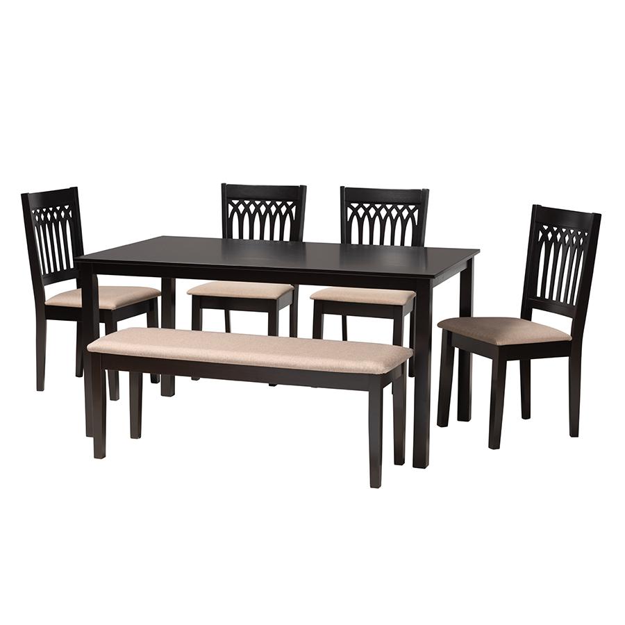 Genesis Modern Beige Fabric and Dark Brown Finished Wood 6-Piece Dining Set. Picture 1