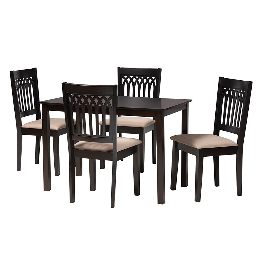 Genesis Modern Beige Fabric and Dark Brown Finished Wood 5-Piece Dining Set. Picture 1