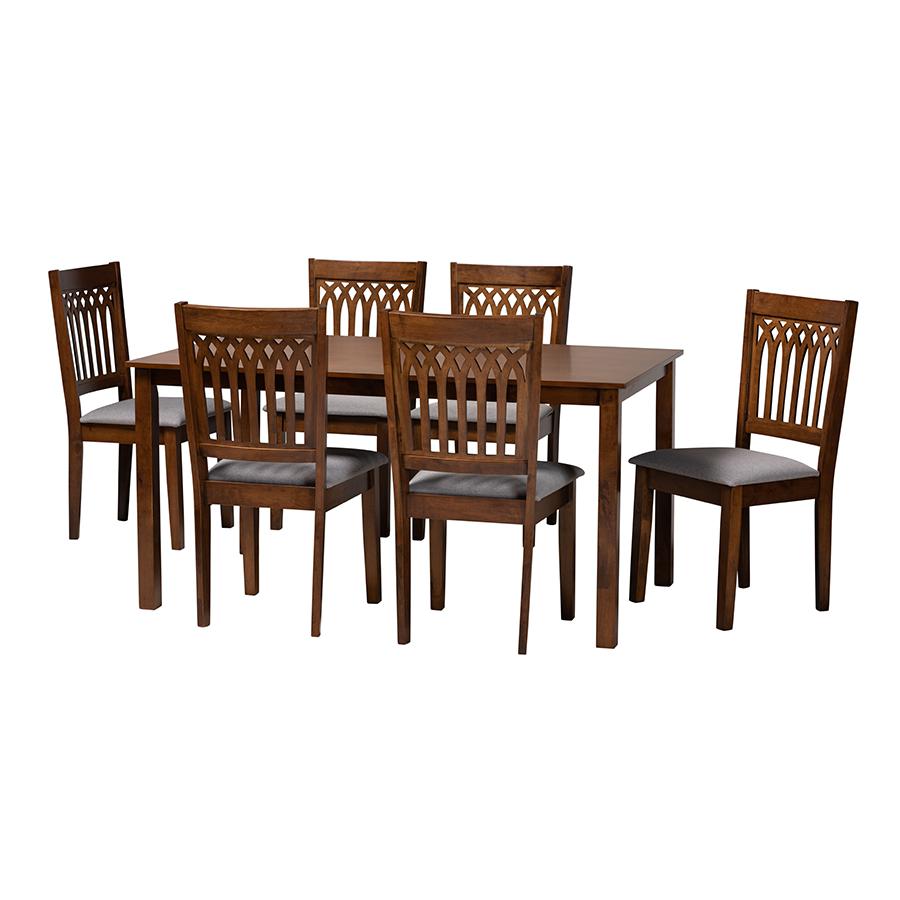 Genesis Modern Grey Fabric and Walnut Brown Finished Wood 7-Piece Dining Set. Picture 1